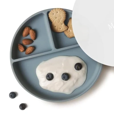 Imagen de Moonkie Platos de succión para bebés y niños pequeños divididos silicona sin BPA con tapa Aptos microondas lavavajillas 1 Pack (Ether)