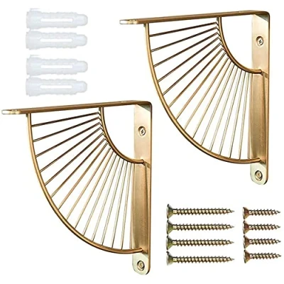 Imagen de Soporte De Estantería Hierro, 2 Piezas Estanteria, Estanteria Pared, Soportes Estante Flotante para Baldas Form Abanico Metal Dorado Escuadras (Dorado)
