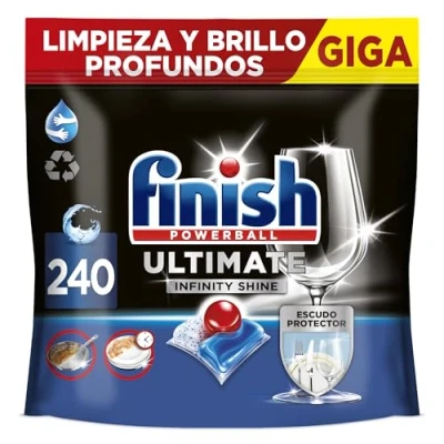 Imagen de Finish Powerball Ultimate Infinity Shine, pastillas para el lavavajillas contra manchas resecas y escudo protector, Pack de 240 (3 x 80 pastillas)