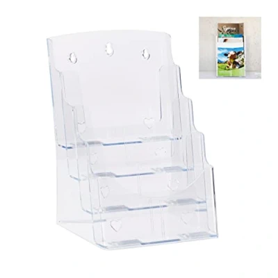 Imagen de Relaxdays Prospekthalter Lang 4 Etagen Expositor para folletos A4/ DIN Largo, Cuatro Pisos, Mesa &amp; Pared, 35x24,5x24cm, 1 Ud, Transparente
