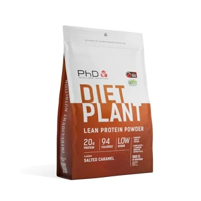 Imagen de PhD Nutrition Diet Plant proteína vegana en polvo 500g Caramelo salado, Con 20g de por ración, CLA y L carnitina