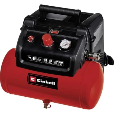 Imagen de Einhell Compresor TC AC 190/6/8 OF Set (1200 W, máx. 8 bar, depósito de 6 L, potencia aspiración 190 l/min, velocidad del motor 18000 min^ 1, regulador presión, manómetro, sin aceite)