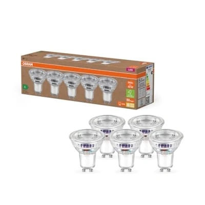 Imagen de OSRAM lámparas LED de alta eficiencia con clase energética A, Paquete 5 bombillas, reemplaza reflectoras 50W, blanco cálido (2700K), E27, vidrio