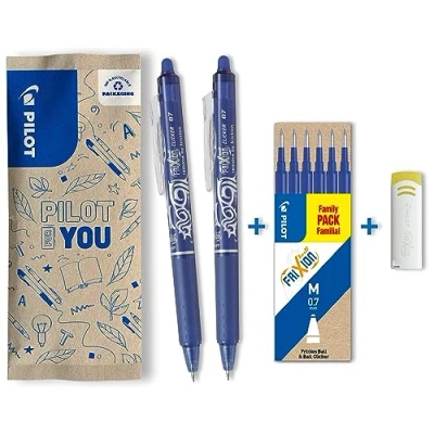 Imagen de PILOT 2 unidades FriXion Clicker, 1 Set de 6 recargas &amp; goma Bolígrafo borrable Azul Juego 9 piezas Punta Media