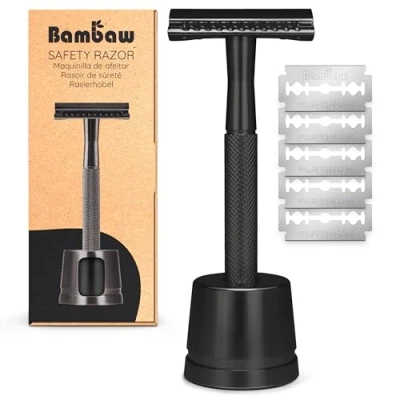 Imagen de Bambaw Maquinilla de Afeitar Clasica con Soporte Afeitadora y 5 cuchillas afeitar, Single Blade Safety Razor, Compatible Todas las Hojas Negro