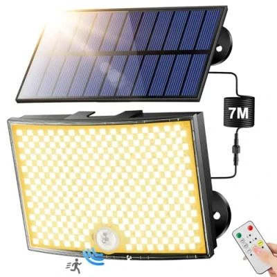 Imagen de Luces Solares Led Exterior Jardin【Luz Cálida】,【268LED/5Modos/7M】 Luz Solar Jardin con Sensor de Movimiento,2200mAh Focos Solares,Remoto IP65 Jardin,Garaje