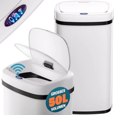 Imagen de Monzana® Cubo de Basura Sensor Cocina 50L Acero Inoxidable Tapa Automática Anillo Seguridad incl. Cable USB Indicador LED Color Blanco