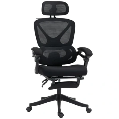 Imagen de HOMCOM Silla de Escritorio Malla Oficina Reclinable con Reposacabezas Soporte Lumbar Reposapiés y Altura Regulable Función Basculante Carga 135 kg Negro