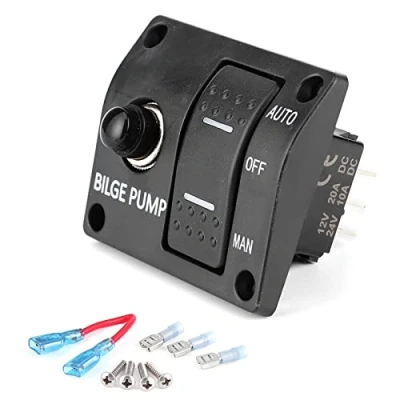 Imagen de Septpenta Panel de Interruptores Bomba Achique 3 Vías (Apagado Manual Automático), con Indicador LED, Control 12 V/24 V CC, Disyuntor Integrado 15 a