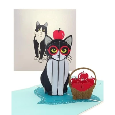 Imagen de tarjeta pop up &quot;Gato Tuxedo Cat&quot; divertida de cumpleaños y invitación con sobre como cupón, idea regalo decoración gatos