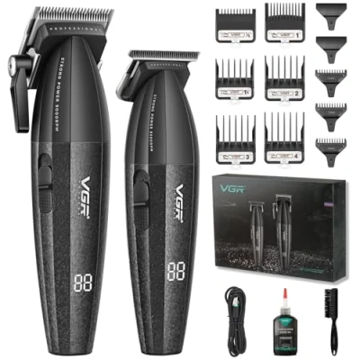 Imagen de VGR 640 Cortapelos Profesional Para Hombres, Set De Y Recortadores Inalámbricos, Kit Corte Cuchilla T Zero Gap, Hoja Cerámica DLC, Premium Con Pantalla LED (Negro)