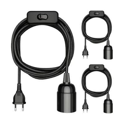 Imagen de ledscom.de 3 piezas cable textil LEHA, enchufe, interruptor, negro, m, portalámparas, 1x E27 máx. 60W