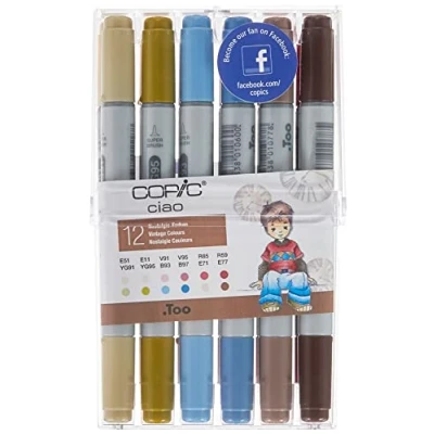 Imagen de COPIC Ciao set «Couleurs Nostalgie», de 12 piezas en expositor acrílico, Twin Marker con punta mediana y pincel