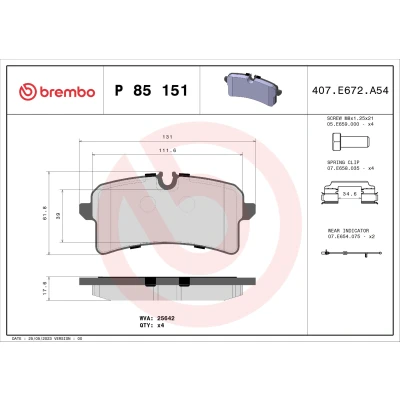 Imagen de BREMBO P 85 151 Juego de pastillas freno con contacto avisador desgaste tornillos pinza accesorios AUDI: A6 C7 Avant, A4 B9 Avant