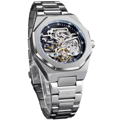 Imagen de Forsining Reloj de pulsera mecánico automático lujo con diamantes Tourbillon esqueleto para hombre, acero inoxidable plateado plata, y