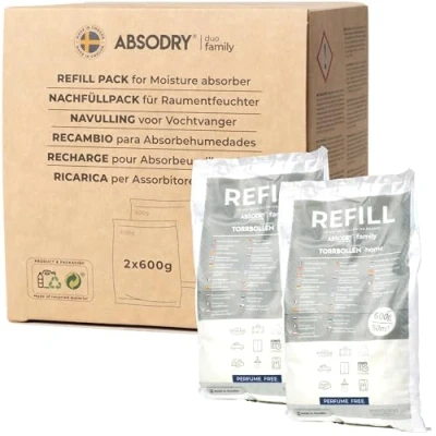 Imagen de AbsoDry recambio Deshumidificador 2x600g Compatible universalmente Pastillas antihumedad Evita el olor y absorbe humedad Absorbente de en granulado