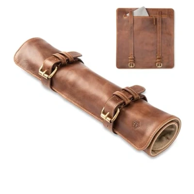 Imagen de Angus Stoke Funda de piel para cocineros Rollo cuchillo chef grande Bolsa cuchillos con compartimento extra y cremallera cocina Sören, caoba, Bolsillo