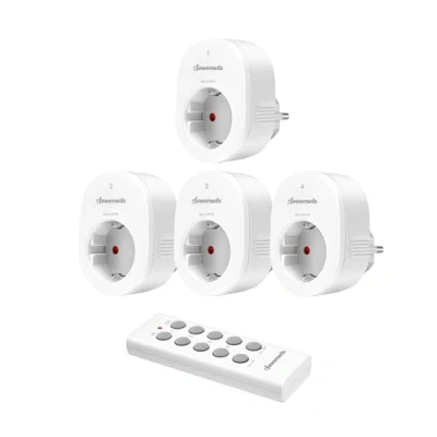 Imagen de DEWENWILS enchufes radiocontrolados con Mando a Distancia, 2300W Enchufe 1 Alcance 30M Juego de 4 radiocontrolados, programables y ampliables, Blanco