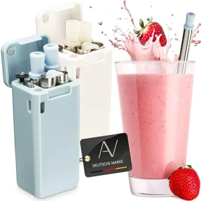Imagen de AVANA Pajitas reutilizables de acero inoxidable, juego 2 unidades plegables silicona sin BPA respetuosas con el medio ambiente cepillo limpieza y caja magnética (blanco azul claro)