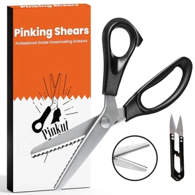 Imagen de Pinkut tijeras de corte tela con asas acolchadas y bordes acero inoxidable, 22 cm, zig zag premium para manualidades, confección costura