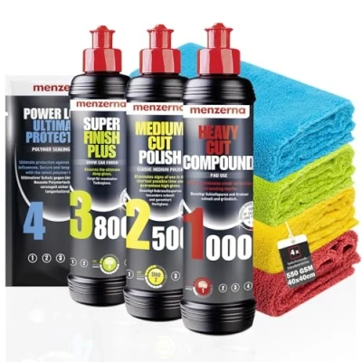 Imagen de detailmate Menzerna Conjunto de Pulido Heavy Cut Compound 1000 + Medium 2500 Super Finish Plus 3800 Sonax Spray Seal Microfibra 550 g/m²