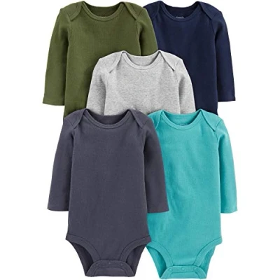 Imagen de Simple Joys by Carter&#039;s Long Sleeve Bodysuit Pack of 5 Body, Azul/Azul Marino/Azul Marino Efecto Lavado/Gris Mezcla/Verde Oliva, Prematuro (Pack de 5) Unisex bebé