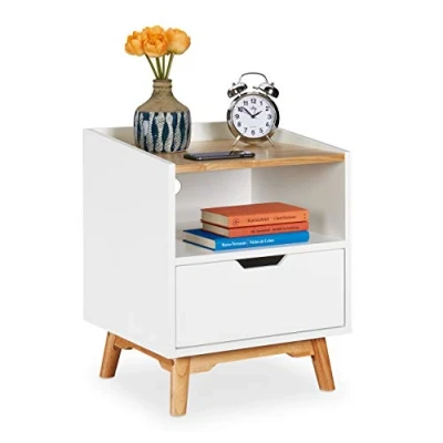 Imagen de Relaxdays Patas Mesita de Noche con 1 Cajón, DM Madera, Blanca, 50 x 43 40 cm