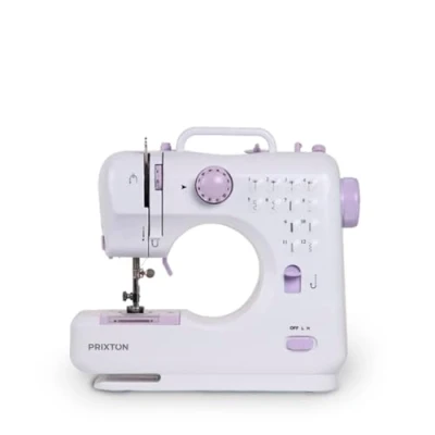 Imagen de PRIXTON P110 Mini Máquina de Coser Portátil con Cajón para Accesorios, Lámpara Integrada y 12 Tipos Puntadas Diferentes, Incluye Pedal Rosa