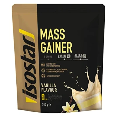 Imagen de Isostar Mass Gainer sabor Vainilla, polvo para preparar una bebida rica en proteínas, con carbohidratos, vitaminas y minerales