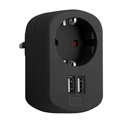 Imagen de SIMON Adaptador Combi, de Viaje con Toma Schuko 16A y 2 Enchufes USB, Corriente Carga Pared, Ladrón Color Negro