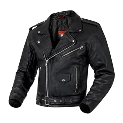 Imagen de OZONE Moto Classic Chaqueta de Hombre Cuero Protectores Codos y Hombros 5 Bolsillos Ajuste Cintura