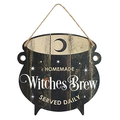 Imagen de Whimsical Letrero colgante de caldero con texto en inglés &quot;Witches Brew&quot;, 25 cm x (1 unidad), decoración divertida Halloween y adorable accesorio cocina