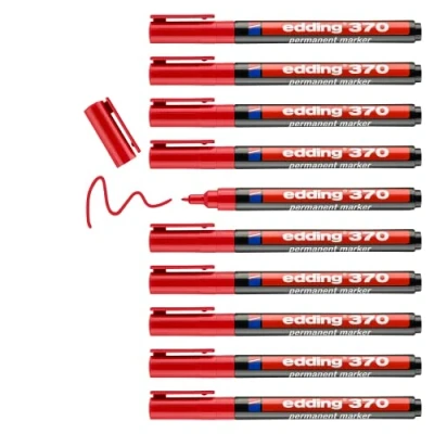 Imagen de edding 370 rojo 10 rotuladores punta redondeada fina 1 mm resistente al agua, secado rápido multiuso, universal para cartón, plástico, madera, metal, vidrio, piedra, lienzo