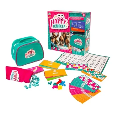 Imagen de Giochi Preziosi Happy Bómbola clásica renovada con 100 Tarjetas de premios ya incluidos, Tablero, Carpetas, números y Sellos borrables, Apto para Todas Las Edades