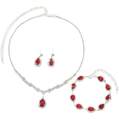 Imagen de FDEETY Conjunto Joyas Mujer para Novia Plateado Diamantes de Imitación Incluye Collar Pulsera Pendientes Boda Honor Baile Graduación Bisutería（Rojo）