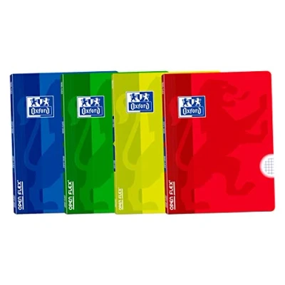 Imagen de Oxford, Libretas Grapadas A4, Cuadrícula 4x4, Tapa Plástico, 48 Hojas. Pack 4 Cuadernos Sin Espiral, Colores Aleatorios