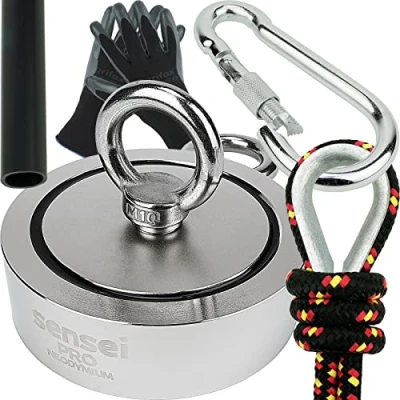 Imagen de Kit SENSEI 350 kg, Imán de Neodimio Doble Cara N52 con Dos Ganchos, Ø9,4 x H2,8 cm, Cuerda Vela 25 m, Guantes Protección + Accesorios, Set Exploración y Pesca