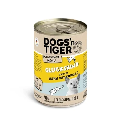 Imagen de Dogs&#039;n Tiger Comida húmeda para Gatitos, Pollo jugoso y Trucha, sin Cereales, azúcar añadido, conservantes Artificiales, compatibilidad óptima, 6 x 400 g
