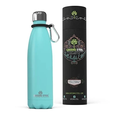 Imagen de Greens Steel Botella de Agua en Acero Inoxidable 500 ml, Azul I Aislado al Vacío Doble Pared Mosquetón y Caja Regalo Incluidos Reutilizable, a Prueba Fugas para Adultos Niños