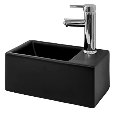 Imagen de ML Design Lavabo Sobre Encimera, 35,5x20,5x12,5cm, Cerámica, Diseño Rectangular, Lavadero Negro Mate, Lavamanos Sobremesa Sanitario Baño o Aseo, Moderno y Elegante, Pila Común sin Válvula de Desagüe