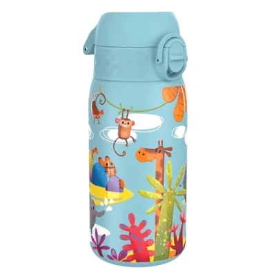Imagen de Ion8 Botella Agua Acero Inoxidable para Niños, 400ml, a Prueba de Fugas, Fácil Abrir, Cerradura Segura, Apta Lavavajillas, Asa Transporte, Limpiar, Diseño Safari