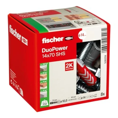 Imagen de fischer DUOPOWER 14 x 70 S, tacos y tornillos para pared universales de seguridad, 2 componentes plástico fijación en hormigón, ladrillo, piedra, cartón yeso, (8 + 8 tornillos)