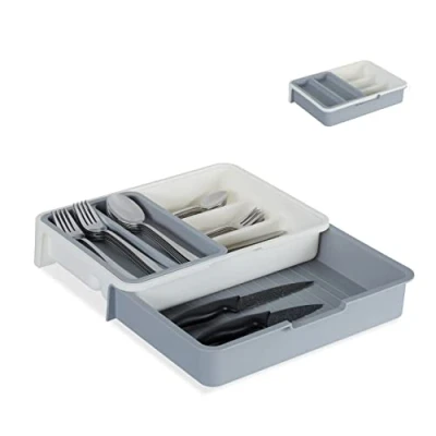 Imagen de Relaxdays Cubertero Extensible, 7 Compartimentos, Organizador de Cubiertos Cajón, PP, 1 Ud, 6x23,5x31,5 cm, Gris