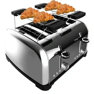 Imagen de Cecotec Tostadora Vertical 4 Ranuras Cortas Toastin&#039; time 1700 Double Inox. W, Rebanadas de Pan, Ranura Ancha 3,8 cm, 2 Soportes para Panecillos y Bandeja Recogemigas, Acero Inoxidable