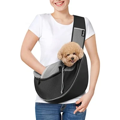 Imagen de Pawaboo Bolso Bandolera para Perros, Bolsa Portátil Mascotas con Bolsillo Acariciador y Correa Ajustable, de Mensajero Transpirable Cómoda Cachorros Gatitos Viajar, M, Negro