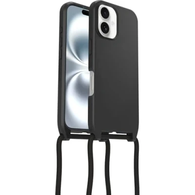 Imagen de Otterbox Funda React Series Necklace MagSafe para iPhone 16, Ultra Fina, Protectora con cordón Cuello Ajustable y Desmontable, Testada según los Estándares Militares, Negro