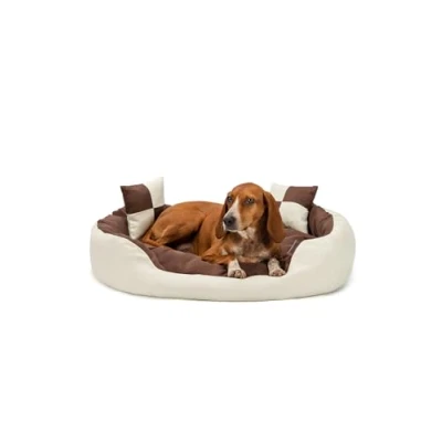 Imagen de lionto Cama para Perros 4 en 1 cojín Cesta con Reversible, (M) 85x70 cm Marrón/Beige