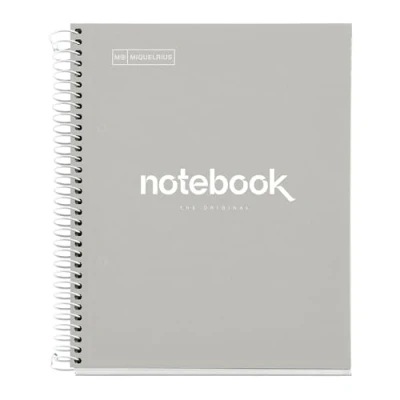 Imagen de Miquelrius Cuaderno A5 Notebook Emotions, 80 Hojas 90 g/m², Cuadrícula 5 x mm, 1 Franja de Color, Espiral Microperforado, Cuadriculado, Tapa Extra Rígida, 2 Taladros, Gris