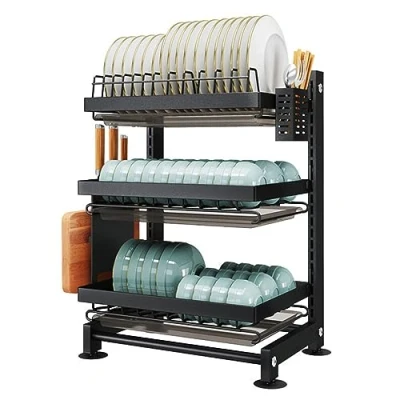 Imagen de FFFHYIZH Escurridor de Platos Que Ahorra Espacio con portavasos y Soporte para Utensilios 2/3 Niveles encimera Cocina Gran Capacidad Negro