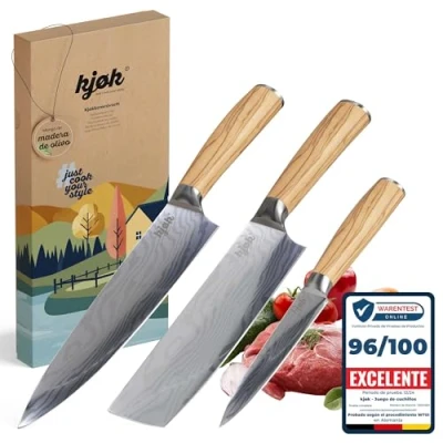 Imagen de kjøk Premium Juego de Cuchillos con Patrón Damasco y Mango Madera Olivo Dureza 58±2 HRC Cocina Cuchillo Nakiri Chef Verduras en Estilo Japonés